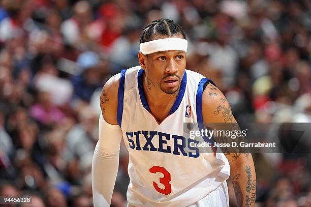 Allen Iverson of the Philadelphia 76ers stands on the court during the game against the Denver Nuggets on December 7, 2009 at the Wachovia Center in...