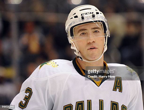 Stephane Robidas of the Dallas Stars during a stop in play against the Los Angeles Kings at the Staples Center on December 12, 2009 in Los Angeles,...
