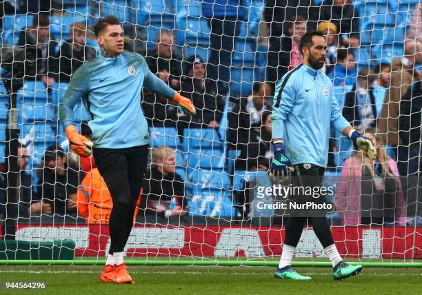 Manchester City's Ederson and Manchester City's Claudio Bravo during the pre-match warm-up during the UEFA Champions League Quarter Final Second Leg...