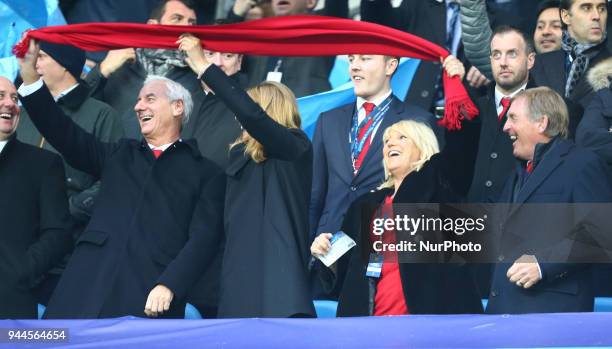 Ian Rush and Kenny Dalglish waving scarf during the UEFA Champions League Quarter Final Second Leg match between Manchester City and Liverpool at...