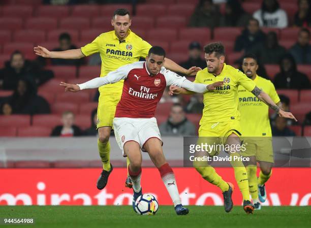 Yassin Fortune of Arsenal takes on Xavier Quintilla Guasca and Garcia Lugea Imanol of Villarreal during the match between Arsenal U23 and Villarreal...