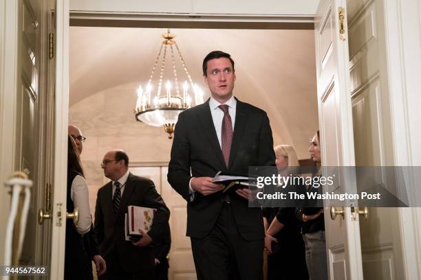 Tom Bossert, Assistant to the President for Homeland Security and Counterterrorism, arrives before President Donald J. Trump signs a Presidential...