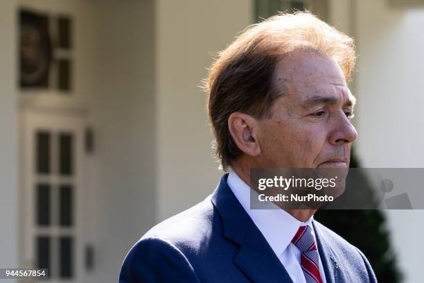 Alabama Crimson Tide coach Nick Saban speaks to reporters after the White House celebration of his team's 2017 NCAA Football National Championship,...