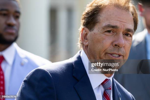 Alabama Crimson Tide coach Nick Saban speaks to reporters after the White House celebration of his team's 2017 NCAA Football National Championship,...