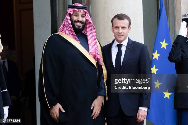 Mohammed bin Salman, Saudi Arabia's crown prince, left, and Emmanuel Macron, France's president, pose for photographers ahead of their meeting in...