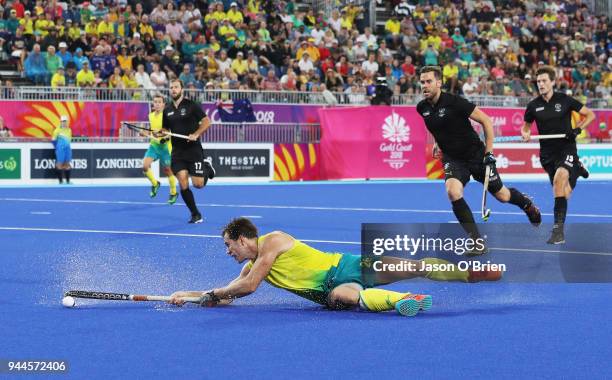Australia's Dylan Wotherspoon in action against New Zealand during Hockey on day seven of the Gold Coast 2018 Commonwealth Games at Gold Coast Hockey...