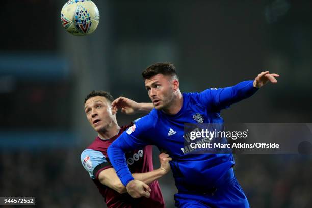 James Chester of Aston Villa in action with Gary Madine of Cardiff City during the Sky Bet Championship match between Aston Villa and Cardiff City at...