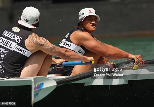 James Gavet of the Warriors rows during the Surf Boat Duel between the Blues and the Warriors at the Viaduct Harbour on December 15, 2009 in...