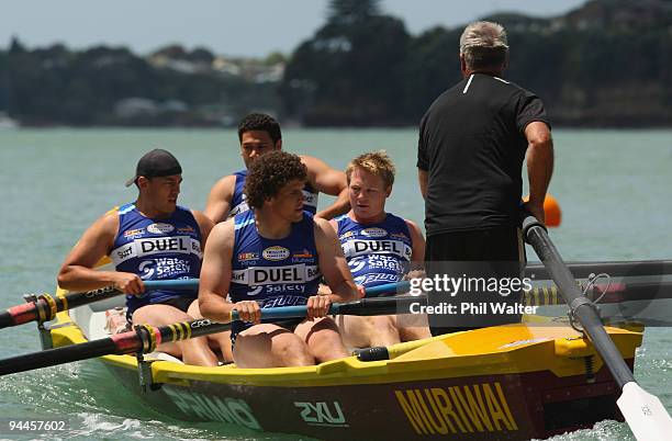 Members of the Blues Super 14 team compete during the Surf Boat Duel between the Blues and the Warriors at the Viaduct Harbour on December 15, 2009...