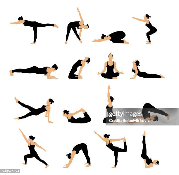 ilustraciones, imágenes clip art, dibujos animados e iconos de stock de conjunto de mujer en varias poses de yoga estiramiento. ilustración de vector. - practicing