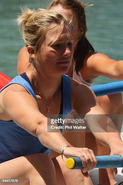 Media personality Hayley Holt competes in one of the races in between the Surf Boat Duel between the Blues and the Warriors at the Viaduct Harbour on...