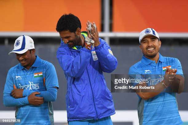 Alok Lakra and Sunil Bahadur of India celebrate during the Men's Fours Section B Lawn Bowls between Australia and India on day seven of the Gold...