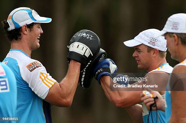 Luke O'Dwyer punches the pads during a Gold Coast Titans NRL training session at Robina on December 15, 2009 at the Gold Coast, Australia.