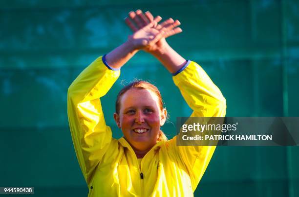 Australia's Emma Cox celebrates during the medal ceremony for the women's double trap during the 2018 Gold Coast Commonwealth Games at the Belmont...