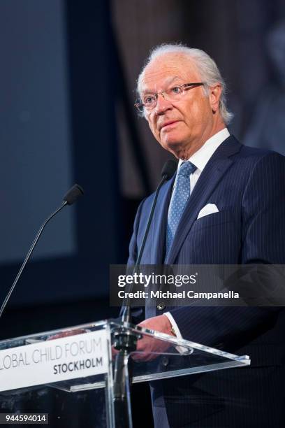 King Carl XVI Gustaf of Sweden gives the opening speech during the Global Child Forum 2018 at the Stockholm Palace on April 11, 2018 in Stockholm,...