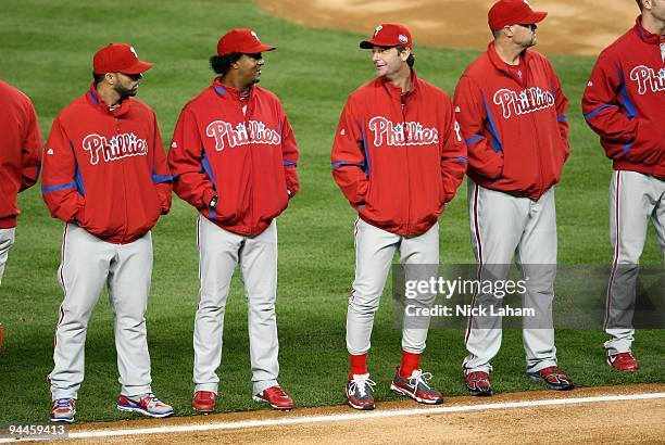 Pedro Martinez and Jamie Moyer of the Philadelphia Phillies talk during pregame festivities against the New York Yankees in Game One of the 2009 MLB...