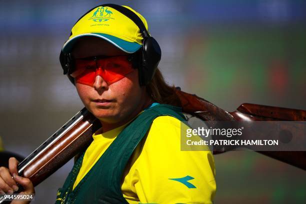 Australia's Emma Cox competes during the women's double trap shooting during the 2018 Gold Coast Commonwealth Games at the Belmont Shooting Complex...