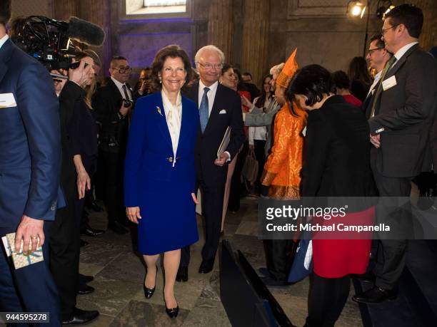 Queen Silvia of Sweden and King Carl XVI Gustaf of Sweden attend the Global Child Forum 2018 at the Stockholm Palace on April 11, 2018 in Stockholm,...