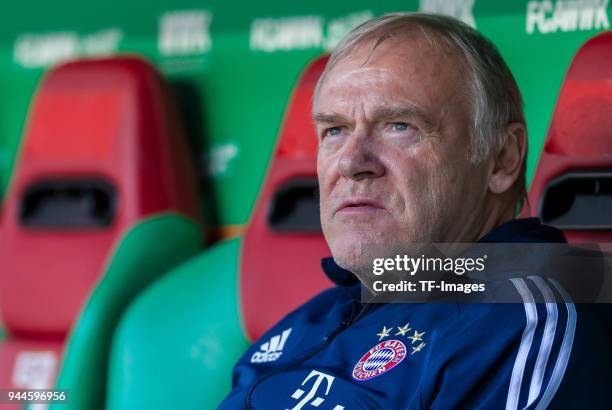 Assistant coach Hermann Gerland of Muenchen looks on prior to the Bundesliga match between FC Augsburg and FC Bayern Muenchen at WWK-Arena on April...