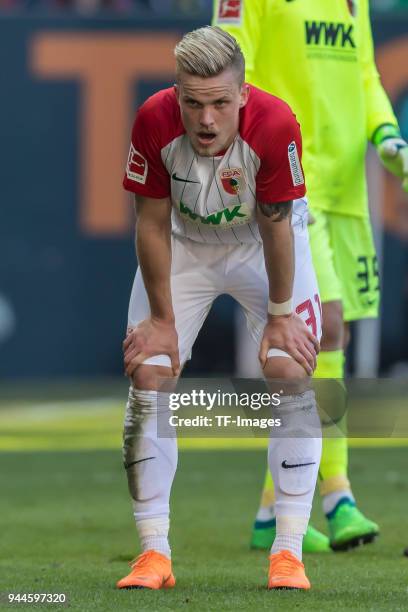 Philipp Max of Augsburg looks on during the Bundesliga match between FC Augsburg and FC Bayern Muenchen at WWK-Arena on April 7, 2018 in Augsburg,...