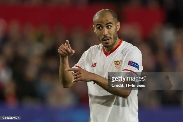Guido Pizarro of Sevilla gestures during the UEFA Champions League Quarter-Final first leg match between Sevilla FC and Bayern Muenchen at Estadio...