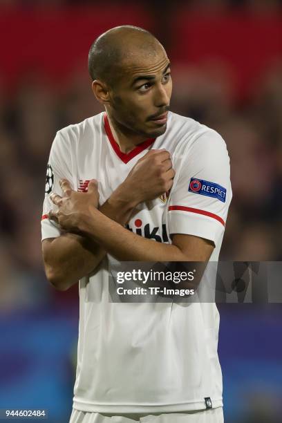 Guido Pizarro of Sevilla gestures during the UEFA Champions League Quarter-Final first leg match between Sevilla FC and Bayern Muenchen at Estadio...