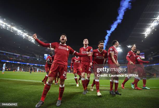 L-r Alex Oxlade-Chamberlain, Andy Robertson, Roberto Firmino, Trent Alexander-Arnold, Virgil Van Dijk and goal scorer, Mohamed Salah of Liverpool...