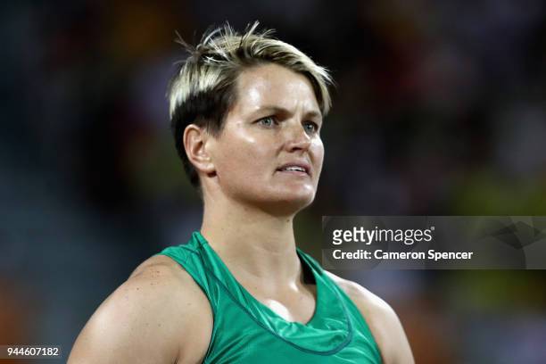 Sunette Viljoen of South Africa reacts as she competes in the Women's Javelin final during athletics on day seven of the Gold Coast 2018 Commonwealth...