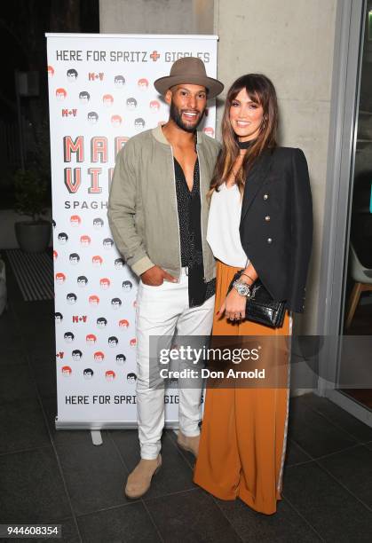 Josh Gibson and Delta Goodrem attend the Mark + Vinny's Media Launch on April 11, 2018 in Sydney, Australia.