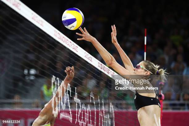 Sarah Pavan of Canada blocks the ball during the Beach Volleyball Women's semifinal match between Mariota Angelopoulou and Manolina Konstantinou of...