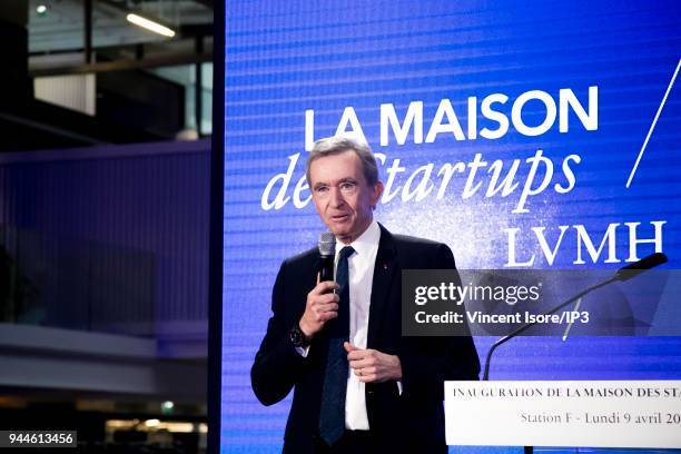 Bernard Arnault, CEO of the LVMH group, attends the inauguration of the startup house at station F on April 9, 2018 in Paris, France. The luxury...