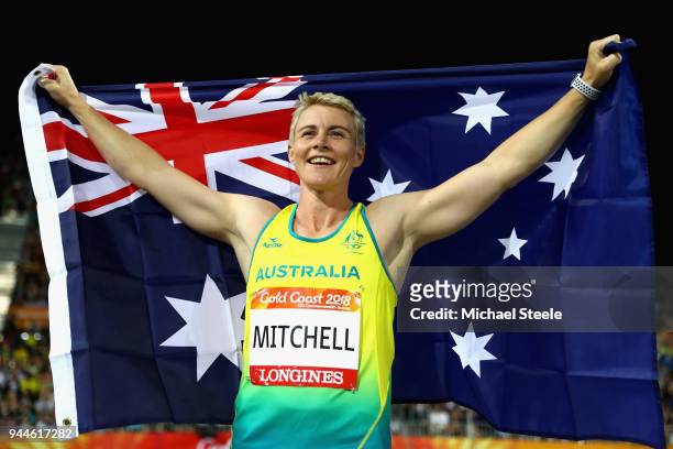 Kathryn Mitchell of Australia celebrates winning gold in the Women's Javelin final during athletics on day seven of the Gold Coast 2018 Commonwealth...