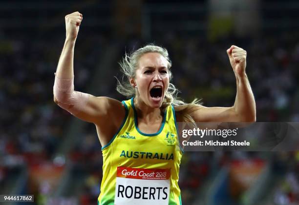 Kelsey-Lee Roberts of Australia celebrates winning silver in the Women's Javelin final during athletics on day seven of the Gold Coast 2018...