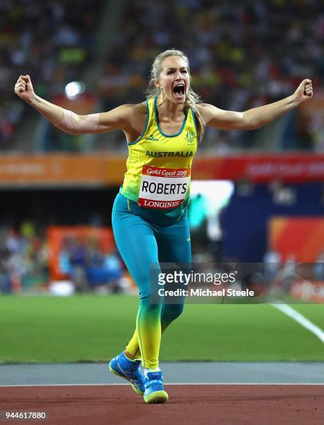 Kelsey-Lee Roberts of Australia celebrates winning silver in the Women's Javelin final during athletics on day seven of the Gold Coast 2018...