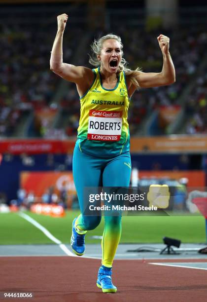 Kelsey-Lee Roberts of Australia celebrates winning silver in the Women's Javelin final during athletics on day seven of the Gold Coast 2018...