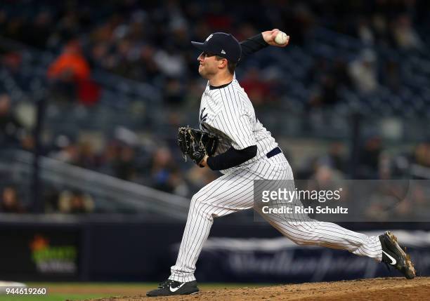 Adam Warren of the New York Yankees in action against the Baltimore Orioles during a game at Yankee Stadium on April 5, 2018 in the Bronx borough of...