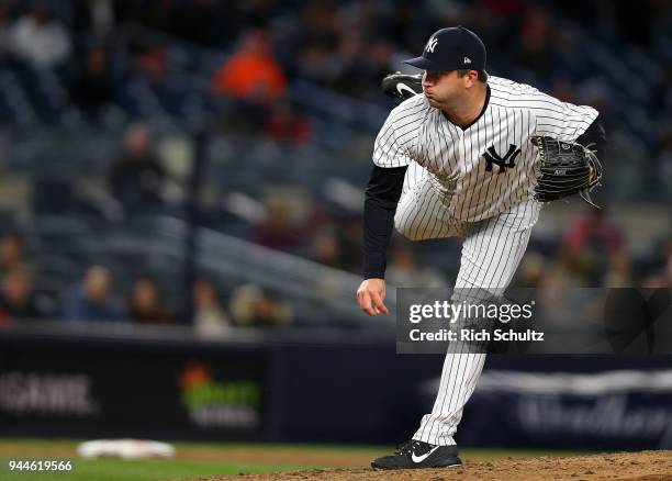 Adam Warren of the New York Yankees in action against the Baltimore Orioles during a game at Yankee Stadium on April 5, 2018 in the Bronx borough of...