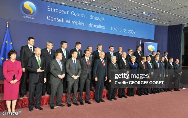 General view of EU leaders during a familly photo of a European Union summit at the European Council headquarters on December 10, 2009 in...