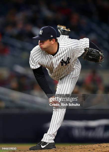 Adam Warren of the New York Yankees in action against the Baltimore Orioles during a game at Yankee Stadium on April 5, 2018 in the Bronx borough of...