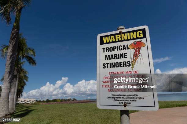 Siign warning of dangerous Marine life is pictured on April 11, 2018 in Darwin, Australia. Darwin is the capital of the Northern Territory. It is the...
