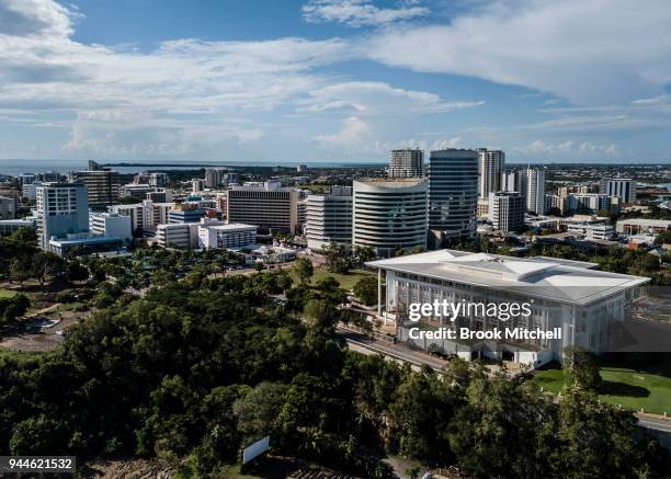 An aerial view of the Darwin City Skyline including parliment house on April 7, 2018 in Darwin, Australia. Darwin is the capital of the Northern...