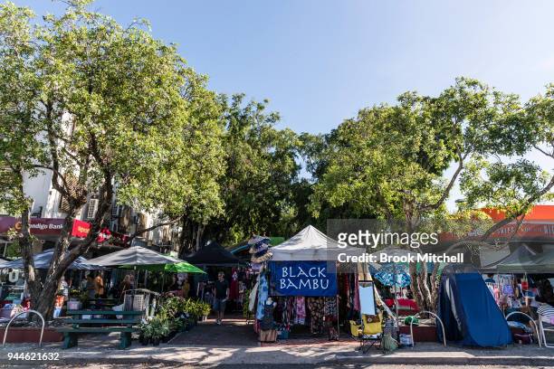 The entrance to the weekly Nightcliff MArkets is pictured on April 8, 2018 in Darwin, Australia. Darwin is the capital of the Northern Territory. It...