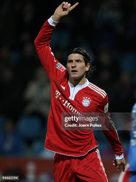 Mario Gomez of Bayern gestures during the Bundesliga match between VfL Bochum and FC Bayern Muenchen at Rewirpower Stadium on December 12, 2009 in...