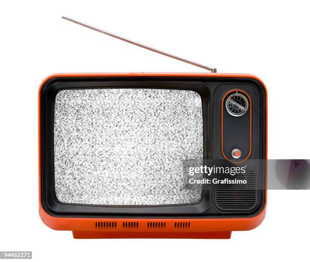 old orange television with interruption - televisietoestel stockfoto's en -beelden