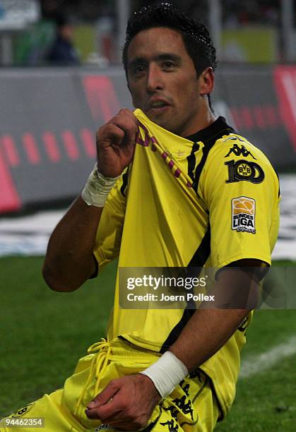 Lucas Barrios of Dortmund celebrates after scoring his team's second goal during the Bundesliga match between VfL Wolfsburg and Borussia Dortmund at...