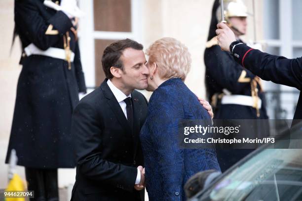 French President Emmanuel Macron welcomes Lituania President Dalia Grybauskaite at Elysee Palace on April 9, 2018 in Paris, France. The President...