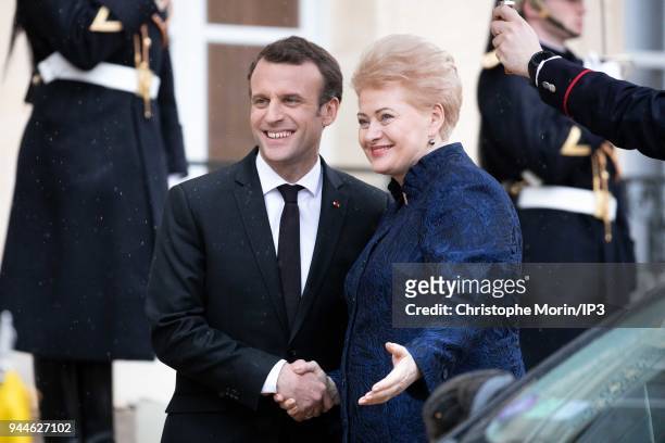 French President Emmanuel Macron welcomes Lituania President Dalia Grybauskaite at Elysee Palace on April 9, 2018 in Paris, France. The President...
