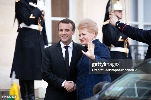 French President Emmanuel Macron welcomes Lituania President Dalia Grybauskaite at Elysee Palace on April 9, 2018 in Paris, France. The President...