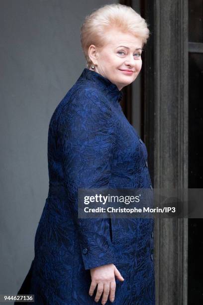 The Lituania President Dalia Grybauskaite arrives for a meeting with the French President Emmanuel Macron at Elysee Palace on April 9, 2018 in Paris,...