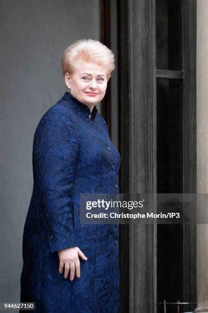 The Lituania President Dalia Grybauskaite arrives for a meeting with the French President Emmanuel Macron at Elysee Palace on April 9, 2018 in Paris,...